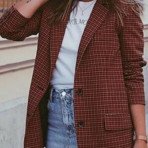 RARE LIKE NEW! Zara Burgundy Checkered Blazer Tops Shirts Womens Size XS